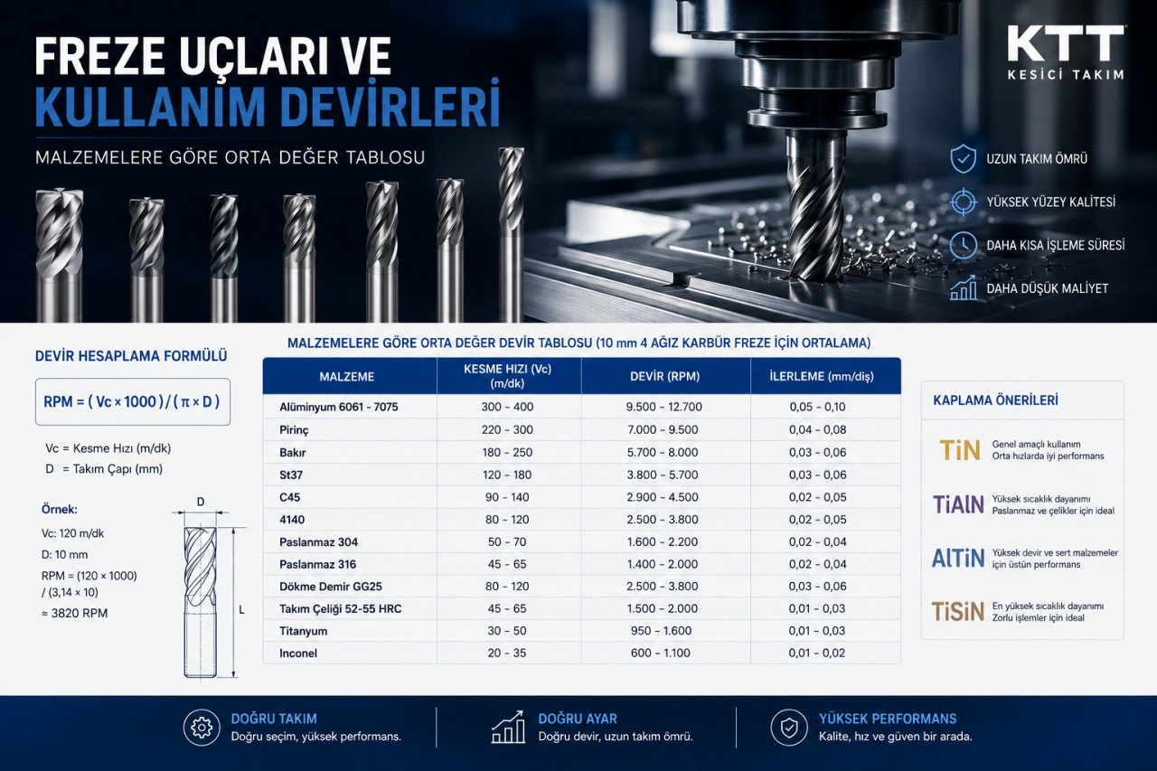 Karbür Freze Devir Tablosu | Malzemelere Göre Kesme Hızı